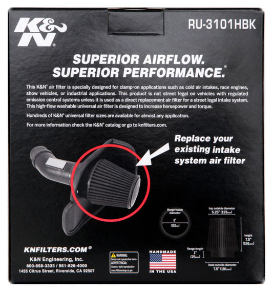 K&N Universal Rubber Filter Round Tapered 6in Flange ID x 7.5in Base OD x 5.25in Top OD x 8in Height K&N Engineering