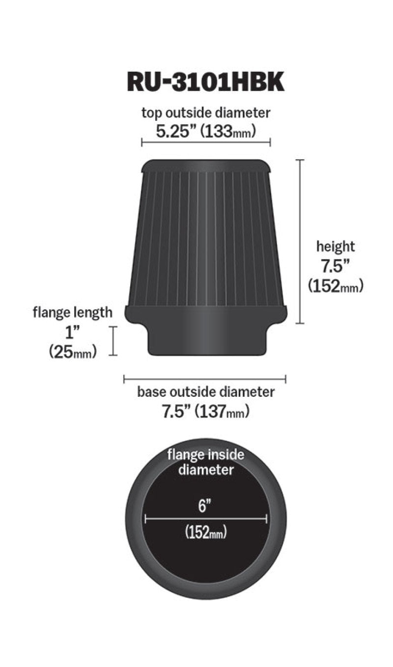 K&N Universal Rubber Filter Round Tapered 6in Flange ID x 7.5in Base OD x 5.25in Top OD x 8in Height K&N Engineering