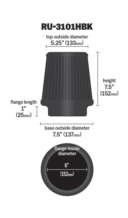 K&N Universal Rubber Filter Round Tapered 6in Flange ID x 7.5in Base OD x 5.25in Top OD x 8in Height K&N Engineering