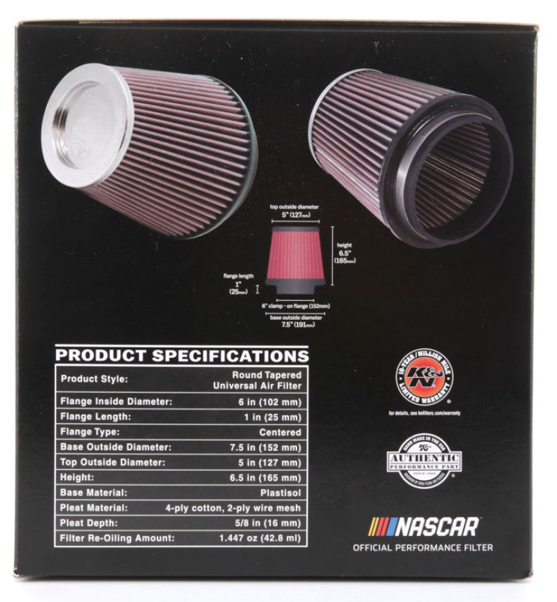 K&N Round Tapered Universal Air Filter 6in Flange ID x 7.5in Base OD x 5in Top OD x 6.5in Height K&N Engineering