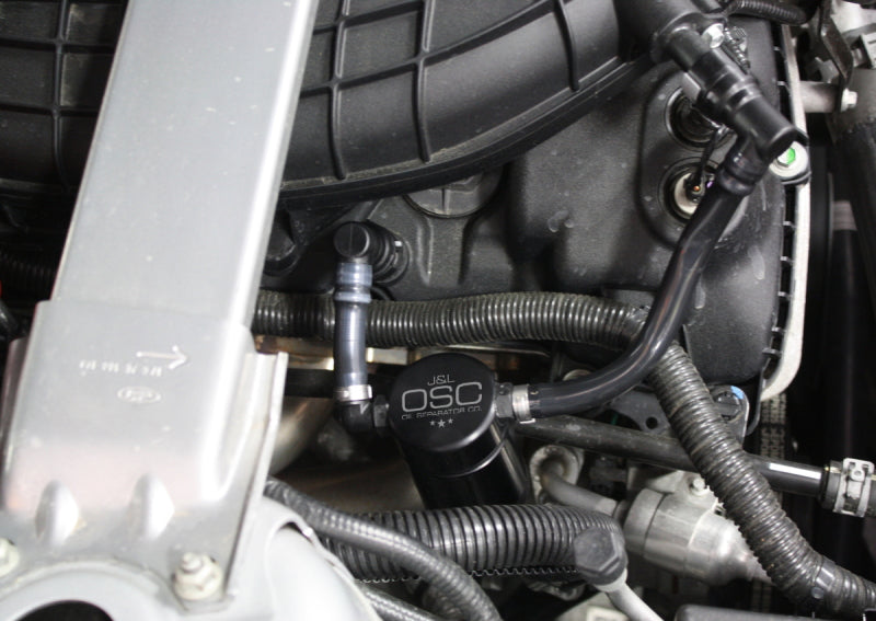 J&L 11-17 Ford Mustang V6 Passenger Side Oil Separator 3.0 - Black Anodized J&L