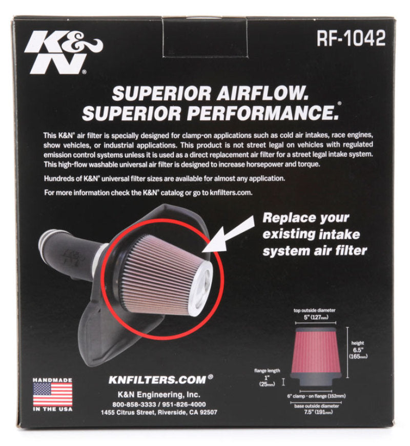 K&N Round Tapered Universal Air Filter 6in Flange ID x 7.5in Base OD x 5in Top OD x 6.5in Height K&N Engineering