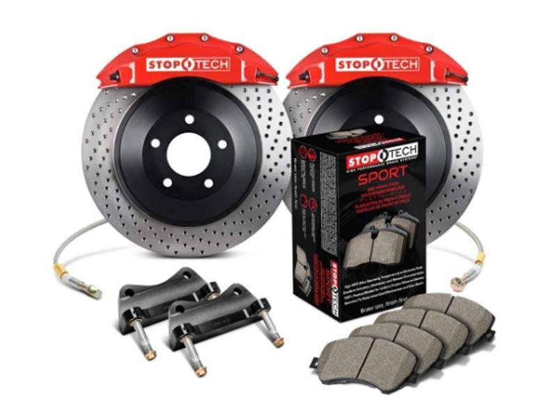 StopTech 2015 Ford Mustang GT Front Big Brake Kit Red ST-60 Calipers 380x34mm Drilled 1pc Rotors Hellhorse Performance