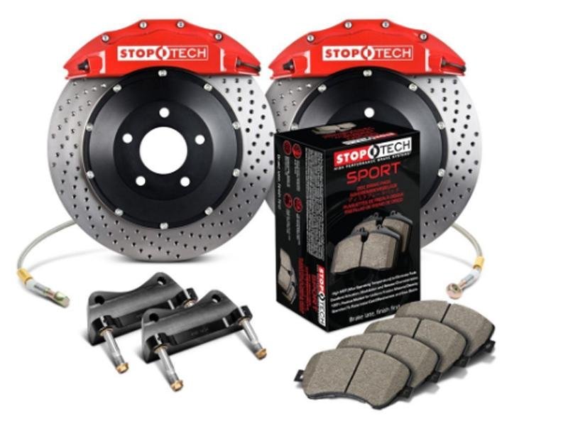 StopTech 2015 Ford Mustang GT Front Big Brake Kit Red ST-60 Calipers 380x34mm Drilled 2pc Rotors Hellhorse Performance